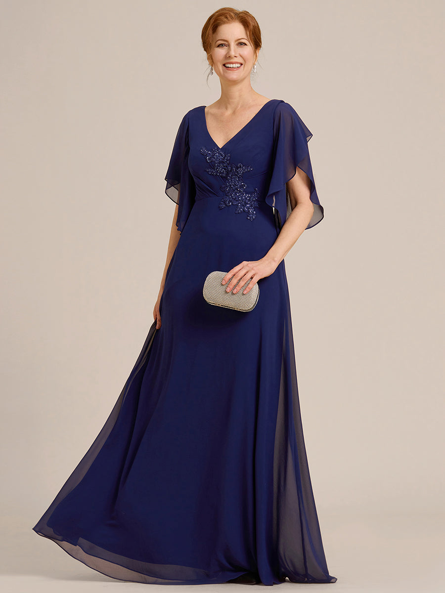 Robe mère de la mariée en mousseline de soie demi-manches décoration appliquée haut#Couleur_Bleu Marine
