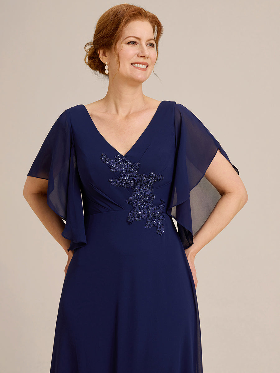 Robe mère de la mariée en mousseline de soie demi-manches décoration appliquée haut#Couleur_Bleu Marine