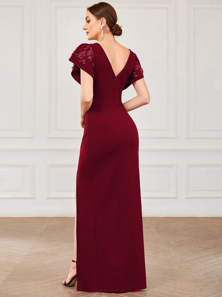 Robe mère de la mariée moulante froncée à encolure en V et fente latérale #Couleur_Bordeaux Robe mère de la mariée moulante froncée à encolure en V et fente latérale