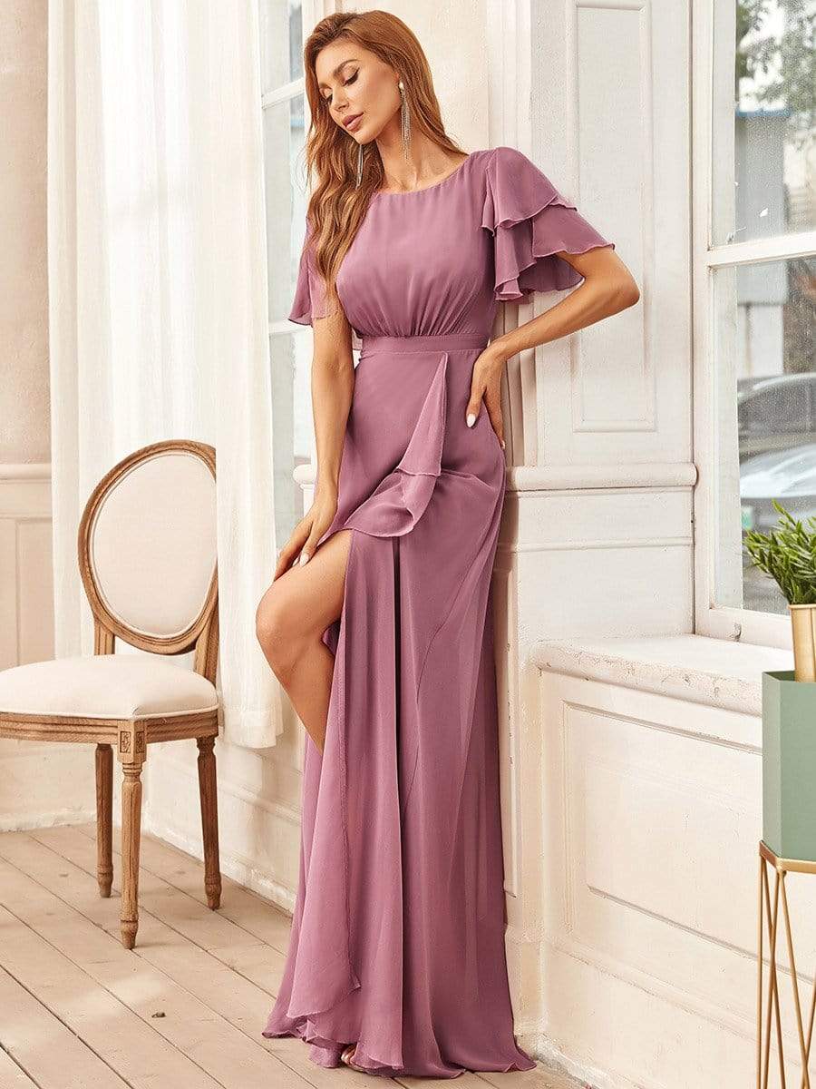 Élégante en mousseline de soie superposée manches à volants mère de la robe de mariée #Couleur_Orchidee Élégante en mousseline de soie superposée manches à volants mère de la robe de mariée