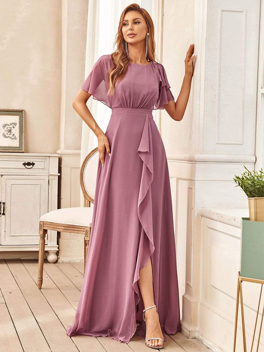Élégante en mousseline de soie superposée manches à volants mère de la robe de mariée #Couleur_Orchidee Élégante en mousseline de soie superposée manches à volants mère de la robe de mariée