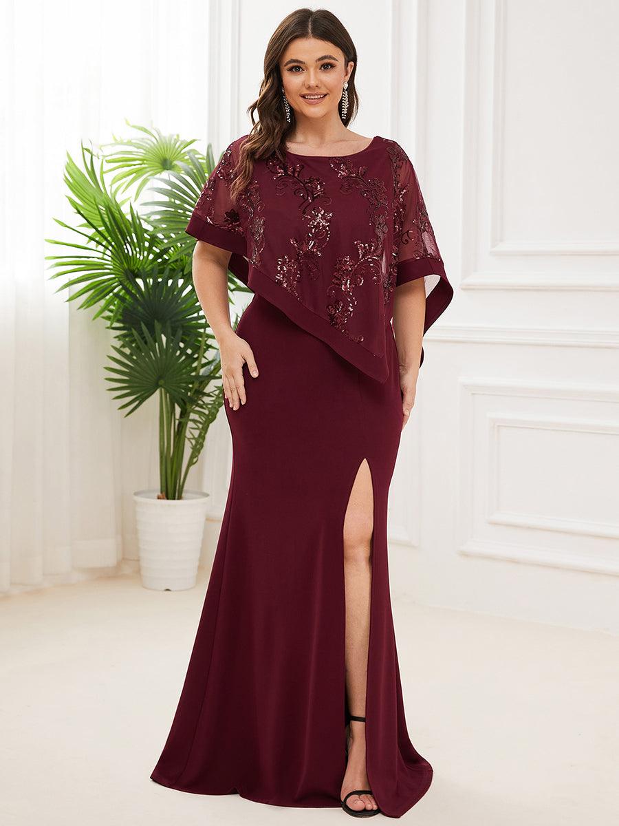 Robe de Mère de Mariée Asymétrique Cape Paillettes Grande Taille #Couleur_Bordeaux