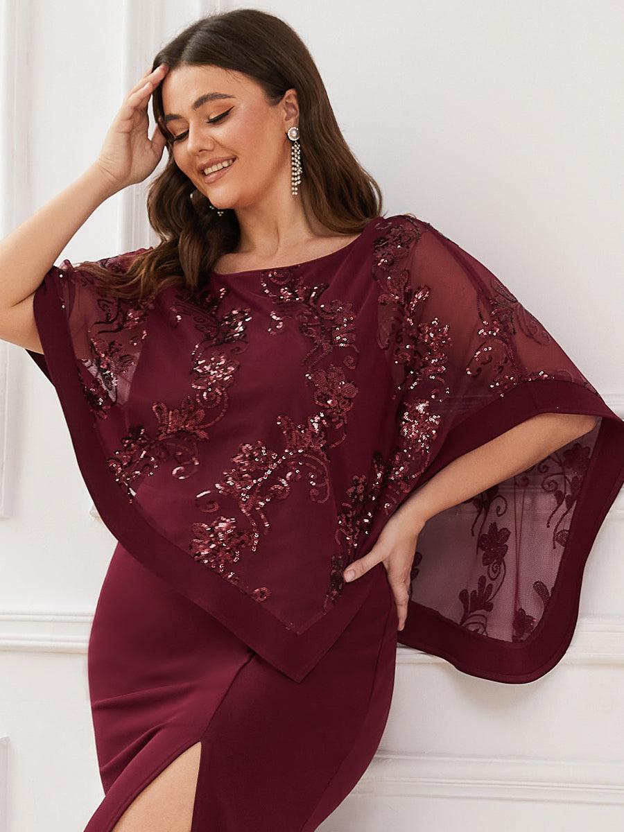 Robe de Mère de Mariée Asymétrique Cape Paillettes Grande Taille #Couleur_Bordeaux