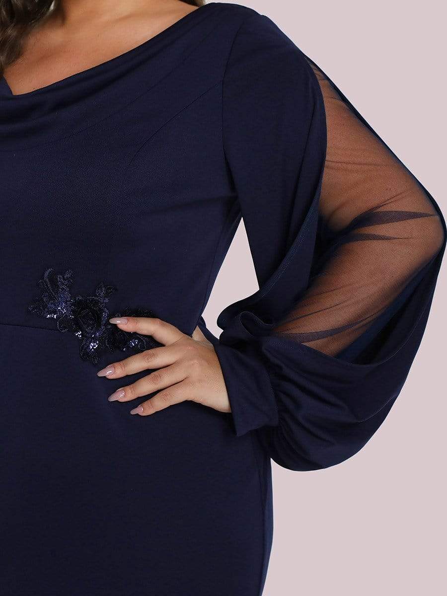 Robe de mère de mariée en tricot à manches lanterne et col bénitier de grande taille #Couleur_Bleu Marine Robe de mère de mariée en tricot à manches lanterne et col bénitier de grande taille