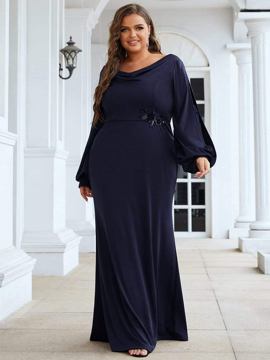 Robe de mère de mariée en tricot à manches lanterne et col bénitier de grande taille #Couleur_Bleu Marine Robe de mère de mariée en tricot à manches lanterne et col bénitier de grande taille