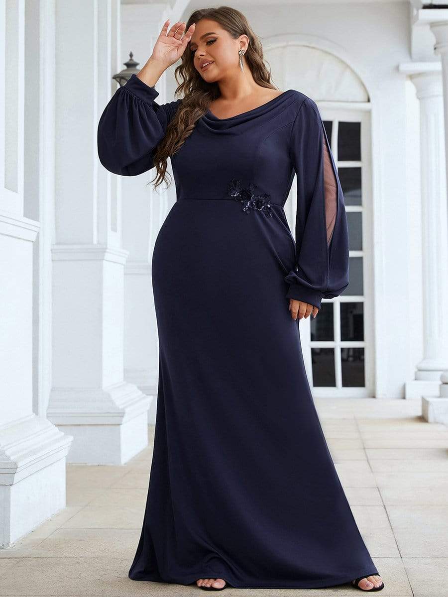 Robe de mère de mariée en tricot à manches lanterne et col bénitier de grande taille #Couleur_Bleu Marine Robe de mère de mariée en tricot à manches lanterne et col bénitier de grande taille