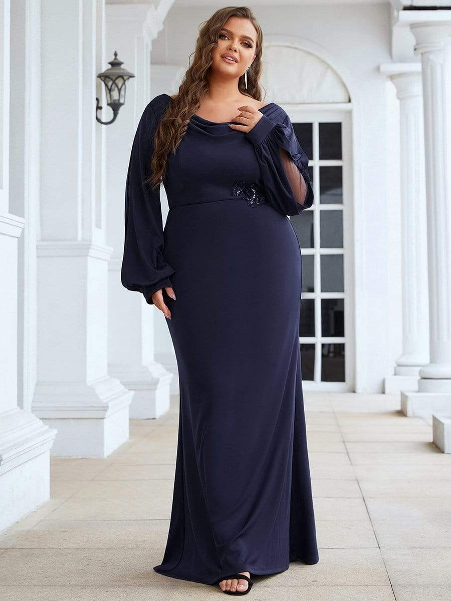 Robe de mère de mariée en tricot à manches lanterne et col bénitier de grande taille #Couleur_Bleu Marine Robe de mère de mariée en tricot à manches lanterne et col bénitier de grande taille