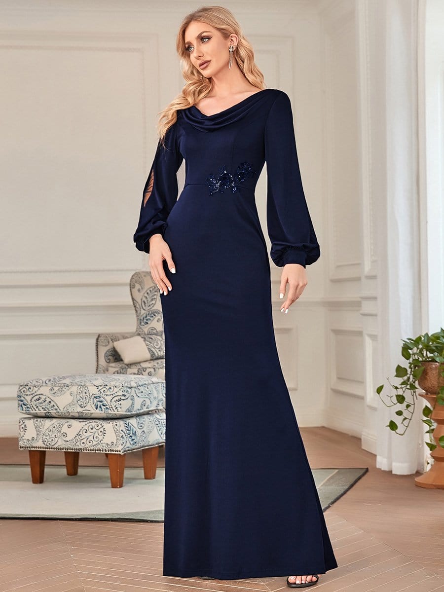 Coupe ajustée et évasée à manches longues et col bénitier Mère de la mariée #Couleur_Bleu Marine Coupe ajustée et évasée à manches longues et col bénitier Mère de la mariée