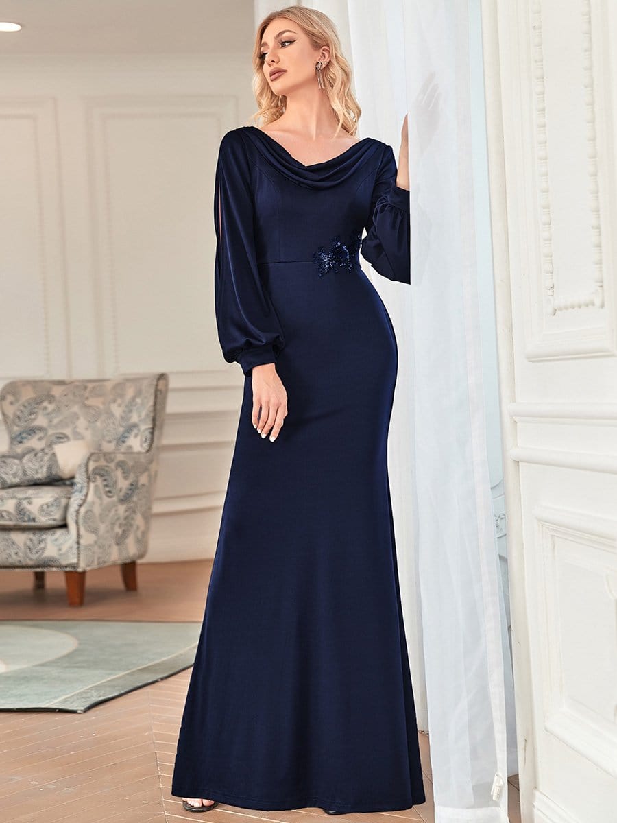 Coupe ajustée et évasée à manches longues et col bénitier Mère de la mariée #Couleur_Bleu Marine Coupe ajustée et évasée à manches longues et col bénitier Mère de la mariée