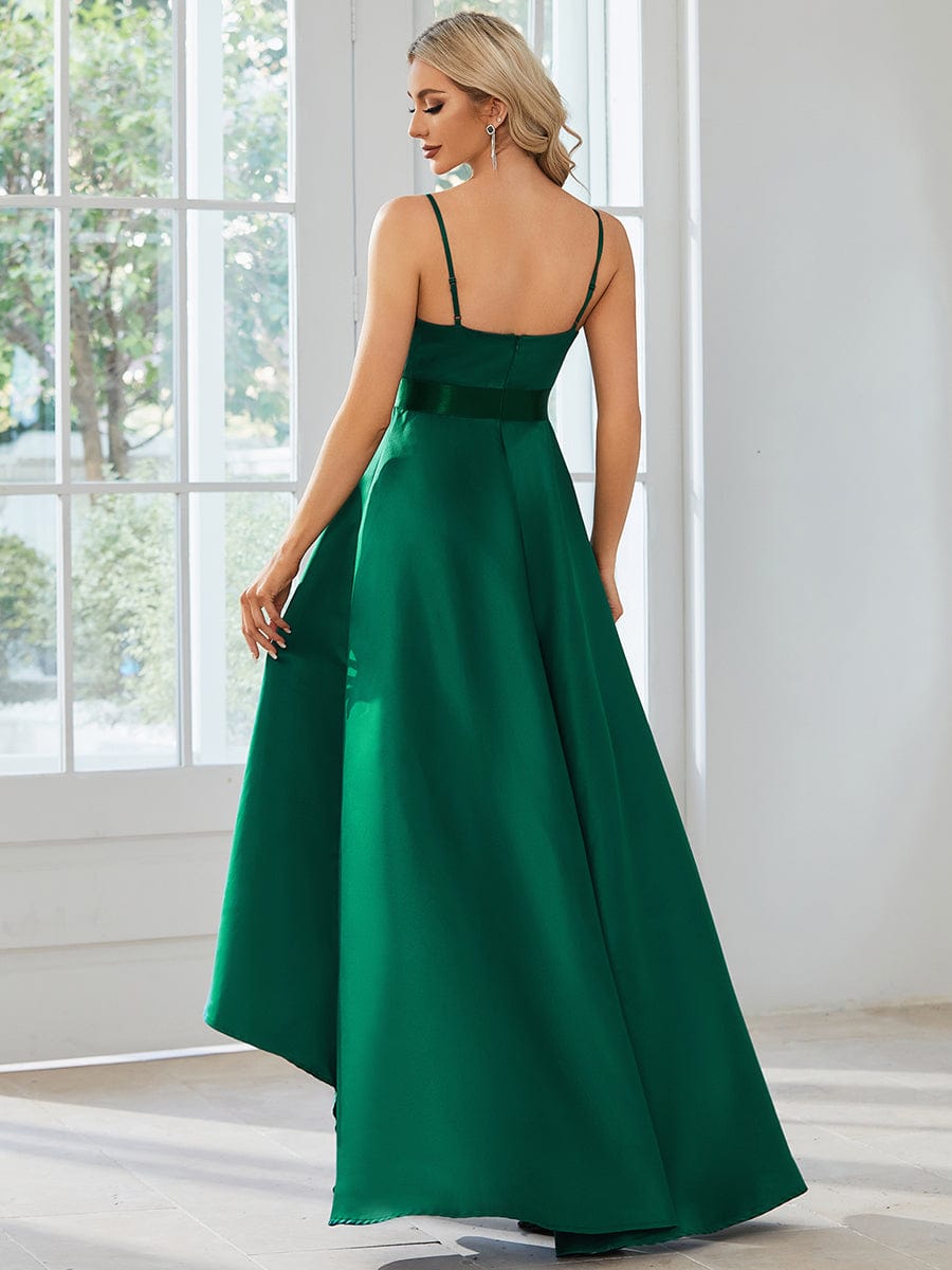 Robe de bal simple en satin haute basse avec bretelles fines #Couleur_Vert Fonce Robe de bal simple en satin haute basse avec bretelles fines