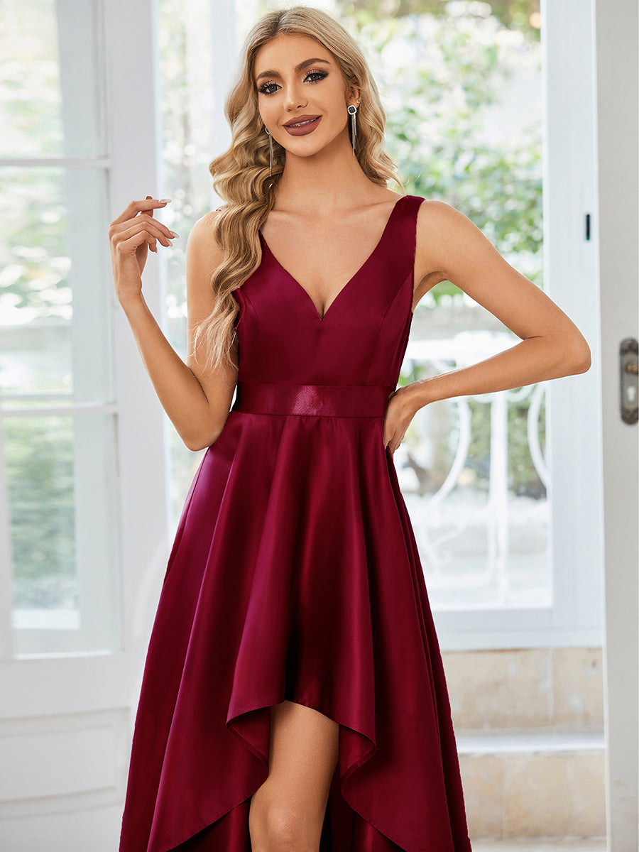 Robe de bal sans manches simple en satin haut-bas #Couleur_Orchidee Robe de bal sans manches simple en satin haut-bas