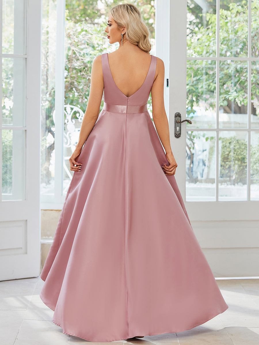 Robe de bal sans manches simple en satin haut-bas #Couleur_Orchidee Robe de bal sans manches simple en satin haut-bas