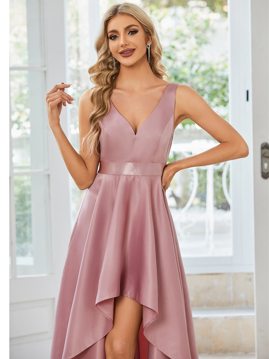 Robe de bal sans manches simple en satin haut-bas #Couleur_Orchidee Robe de bal sans manches simple en satin haut-bas
