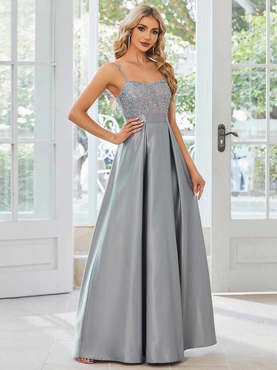 Robe de Bal en satin Bretelles fines Corsage à sequins #Couleur_Gris Robe de Bal en satin Bretelles fines Corsage à sequins