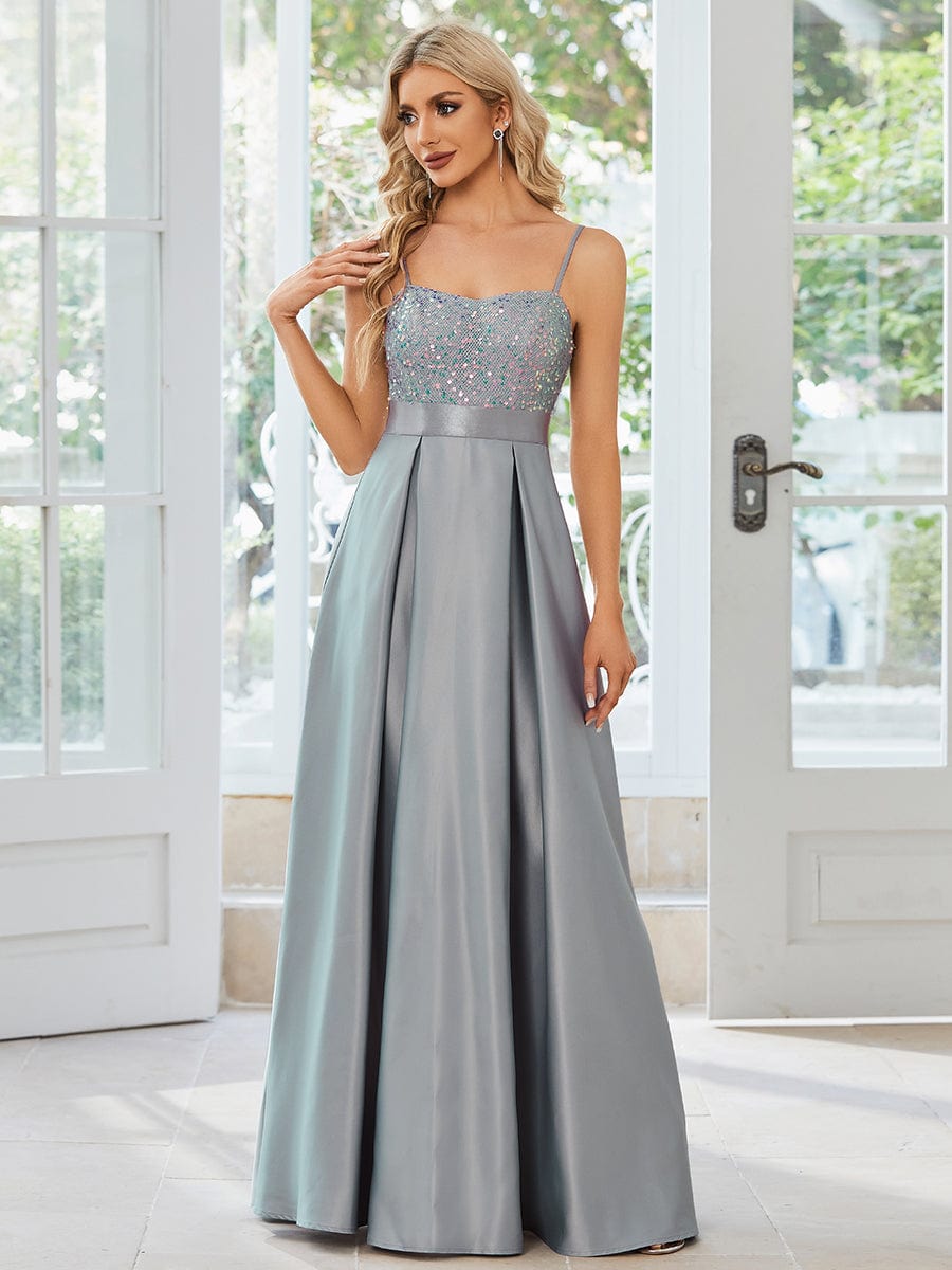 Robe de Bal en satin Bretelles fines Corsage à sequins #Couleur_Gris Robe de Bal en satin Bretelles fines Corsage à sequins