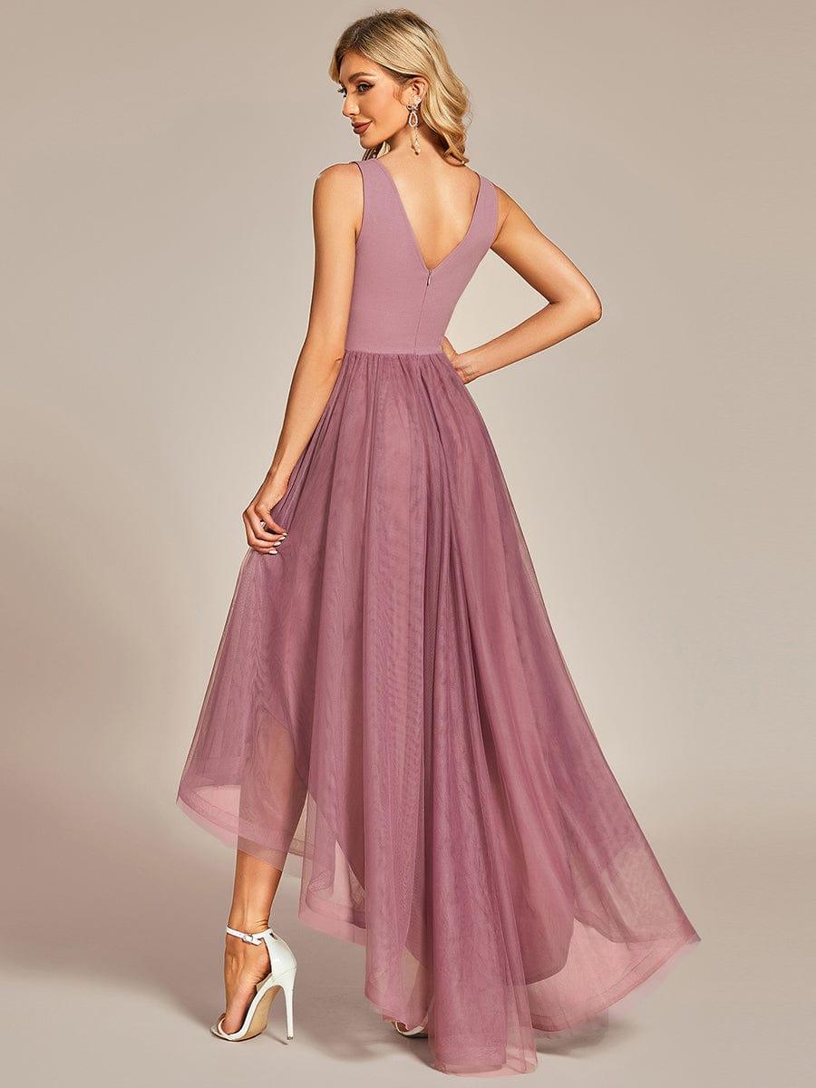Robe de bal haute-basse sans manches en tulle #Couleur_Bleu Fume Robe de bal haute-basse sans manches en tulle