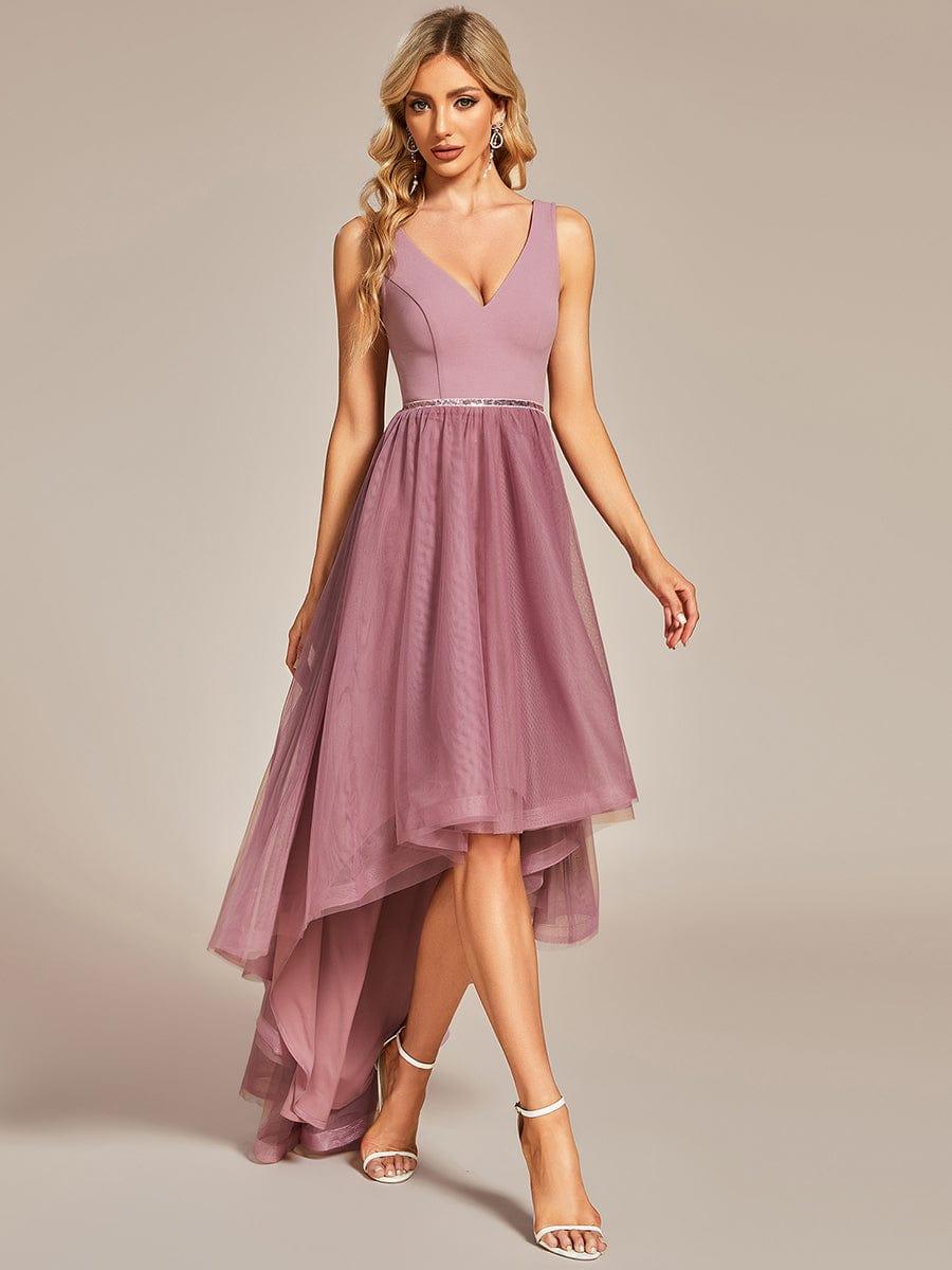 Robe de bal haute-basse sans manches en tulle #Couleur_Bleu Fume Robe de bal haute-basse sans manches en tulle