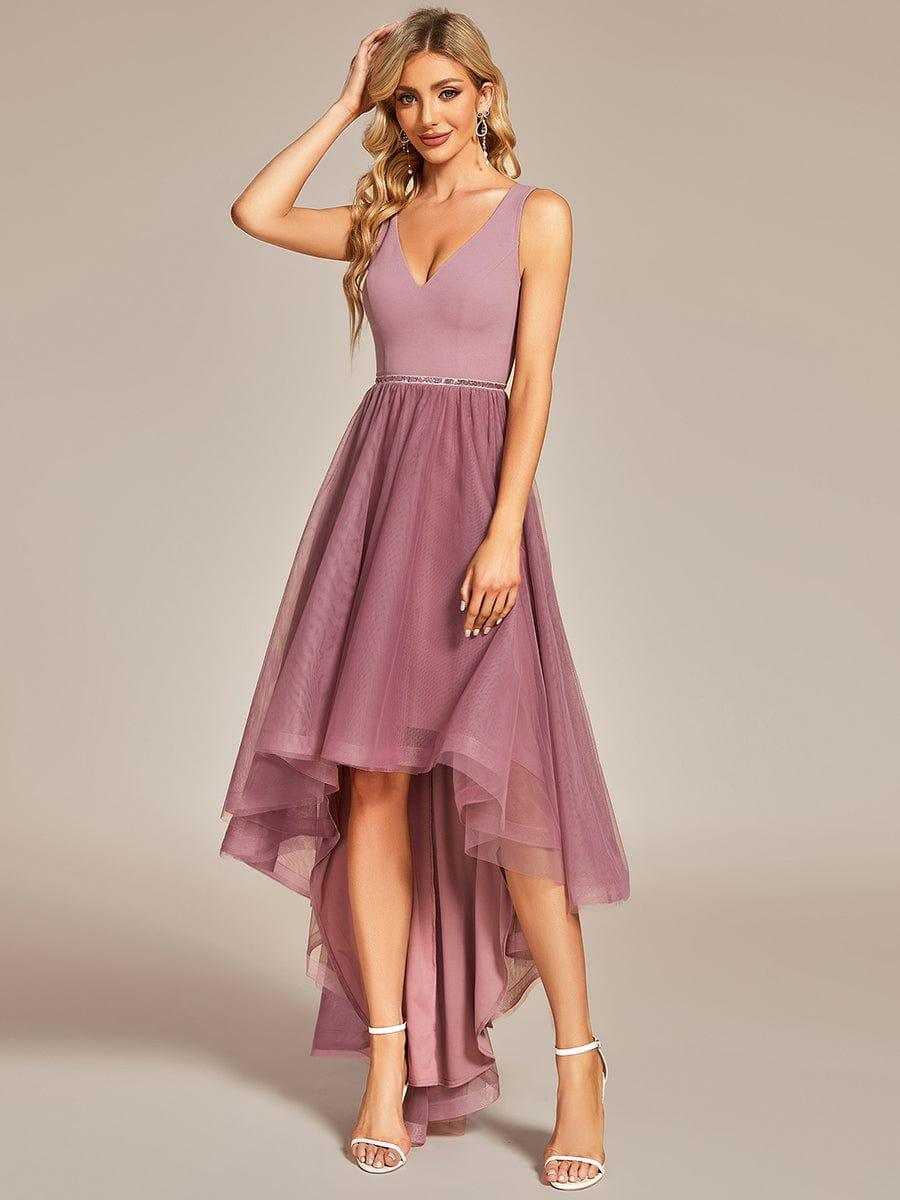 Robe de bal haute-basse sans manches en tulle #Couleur_Bleu Fume Robe de bal haute-basse sans manches en tulle