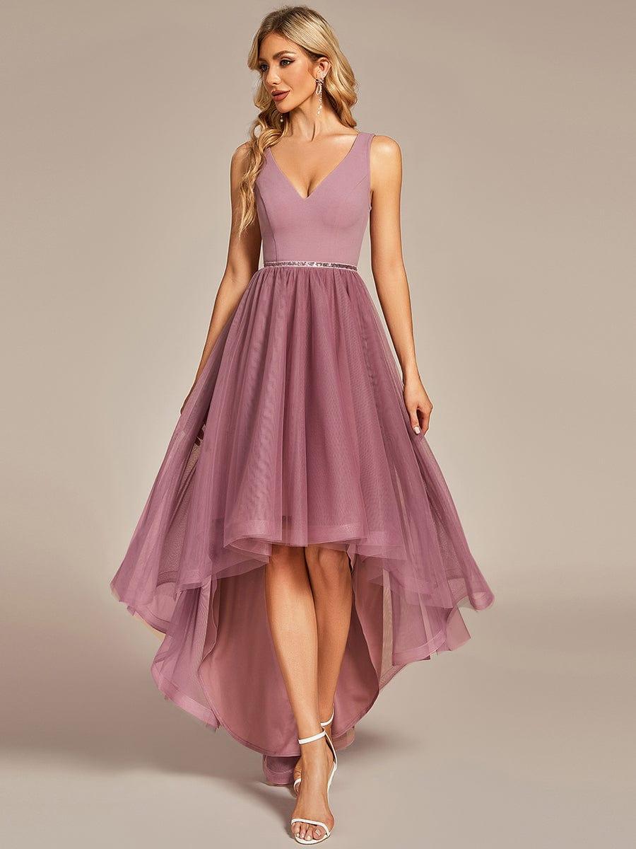 Robe de bal haute-basse sans manches en tulle #Couleur_Bleu Fume Robe de bal haute-basse sans manches en tulle