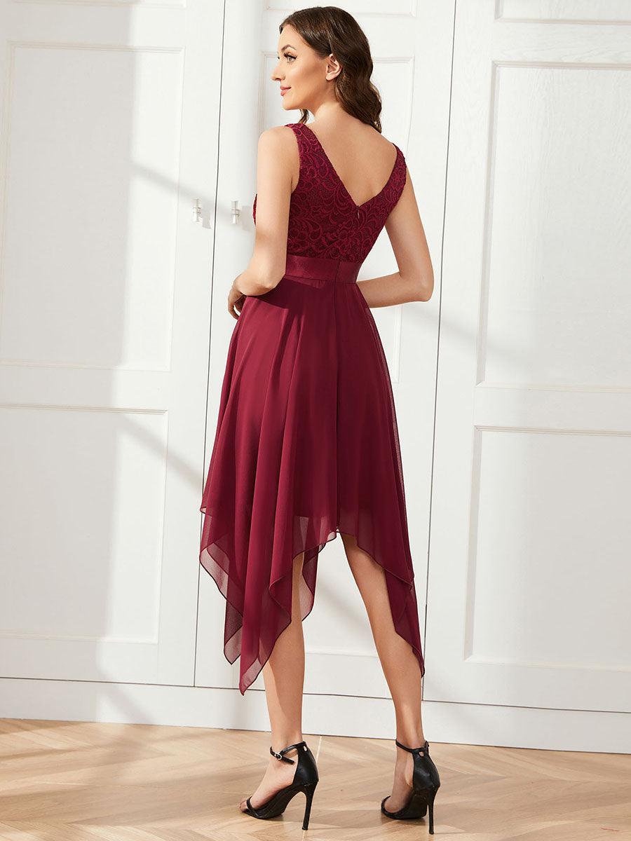 Robe mariage invitée en dentelle à col en V mi-longue fluide #Couleur_Bordeaux