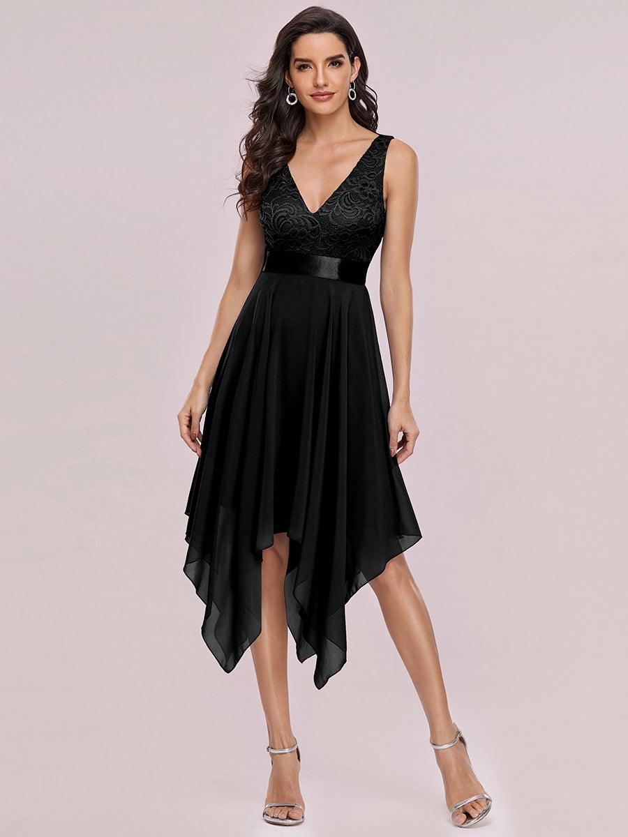 Superbe robe de bal en dentelle et en mousseline de soie à col en V pour femme #Couleur_Noir