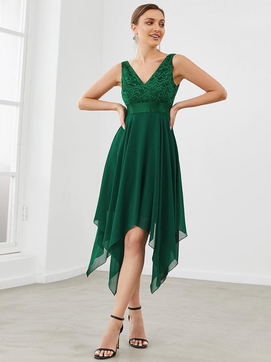 Superbe robe de bal en dentelle et en mousseline de soie à col en V pour femme #Couleur_Vert Fonce