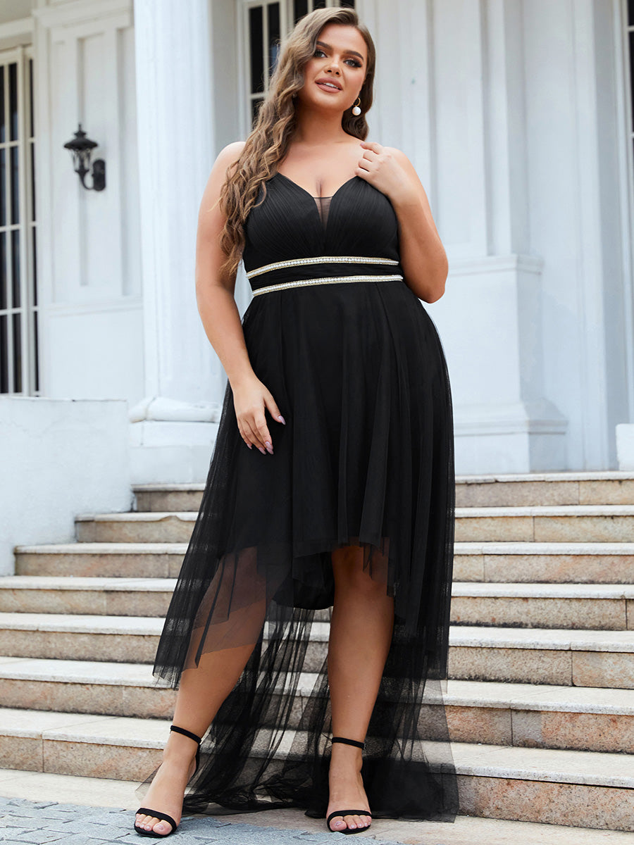 Robe de bal élégante Grande taille en tulle avec ceinture perlée #Couleur_Bleu Fume Robe de bal élégante Grande taille en tulle avec ceinture perlée