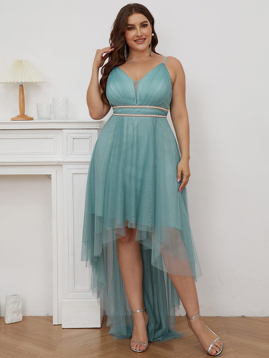 Robe de bal élégante Grande taille en tulle avec ceinture perlée #Couleur_Bleu Fume Robe de bal élégante Grande taille en tulle avec ceinture perlée