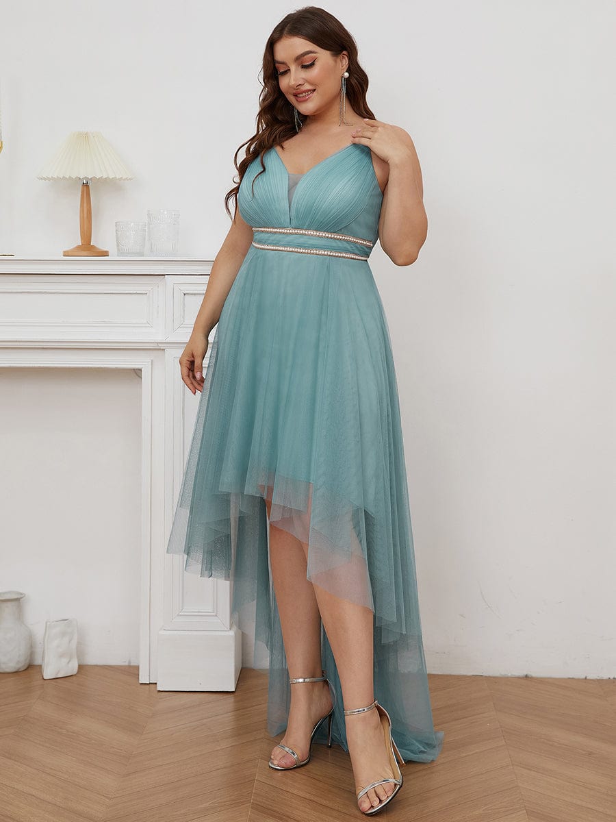 Robe de bal élégante Grande taille en tulle avec ceinture perlée #Couleur_Bleu Fume Robe de bal élégante Grande taille en tulle avec ceinture perlée