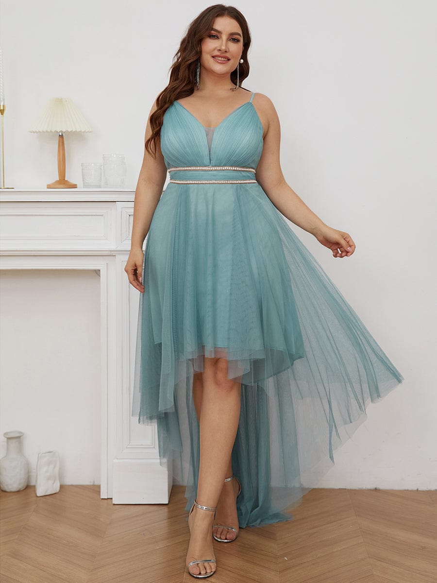 Robe de bal élégante Grande taille en tulle avec ceinture perlée #Couleur_Bleu Fume Robe de bal élégante Grande taille en tulle avec ceinture perlée