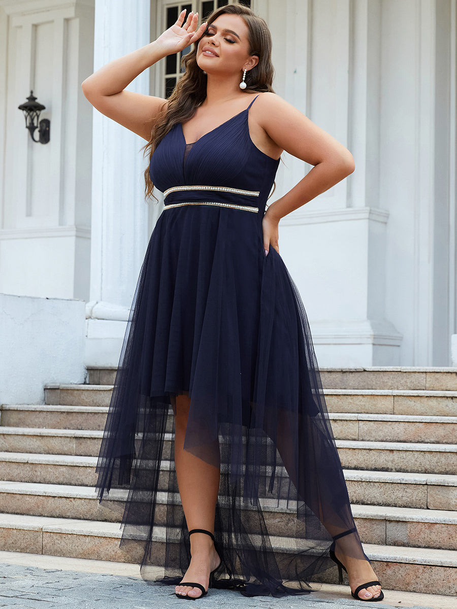 Robe de bal élégante Grande taille en tulle avec ceinture perlée #Couleur_Bleu Fume Robe de bal élégante Grande taille en tulle avec ceinture perlée