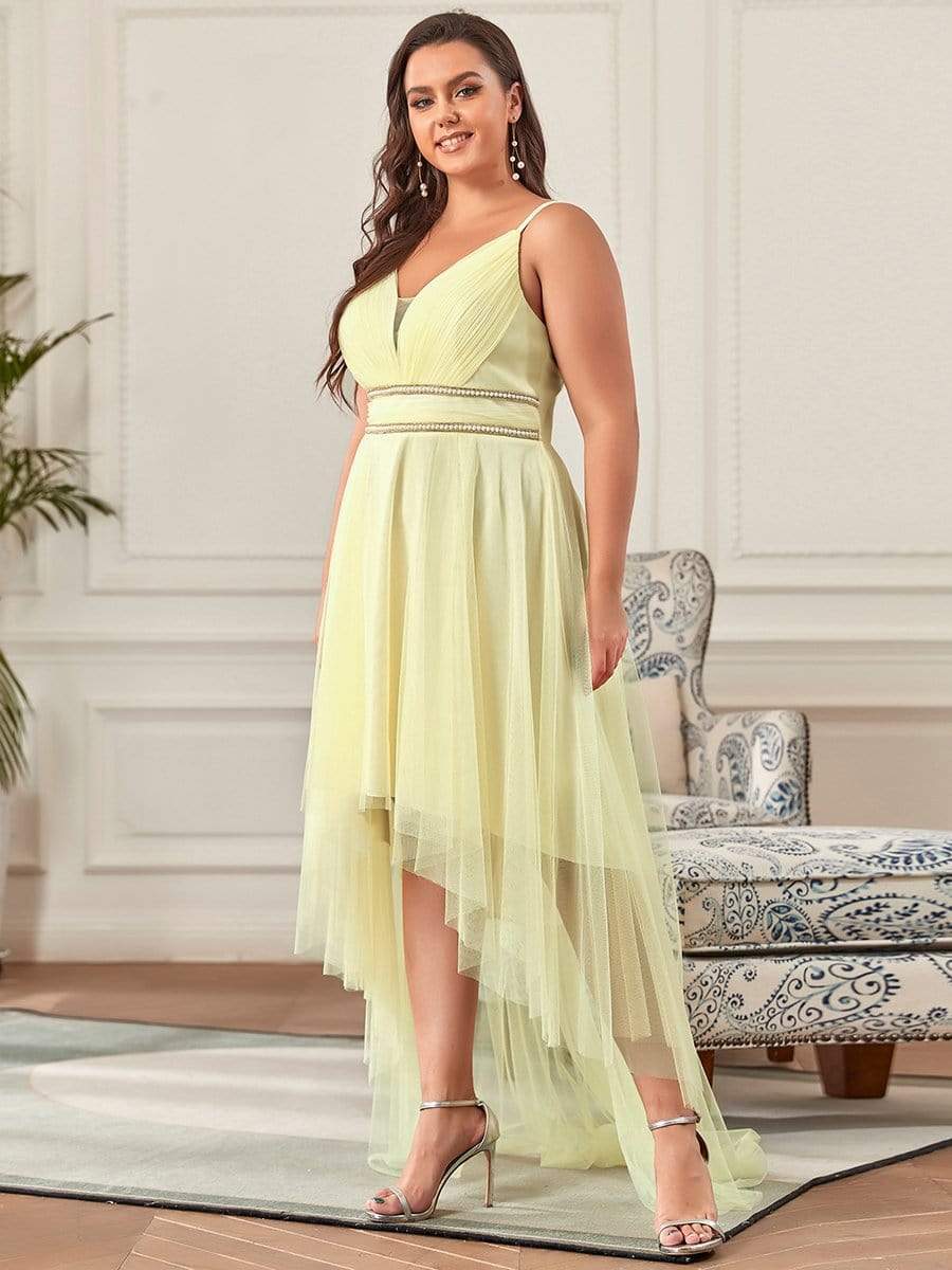 Robe de bal élégante Grande taille en tulle avec ceinture perlée #Couleur_Bleu Fume Robe de bal élégante Grande taille en tulle avec ceinture perlée