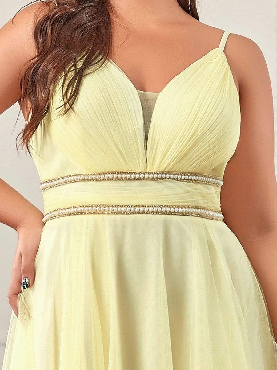 Robe de bal élégante Grande taille en tulle avec ceinture perlée #Couleur_Bleu Fume Robe de bal élégante Grande taille en tulle avec ceinture perlée