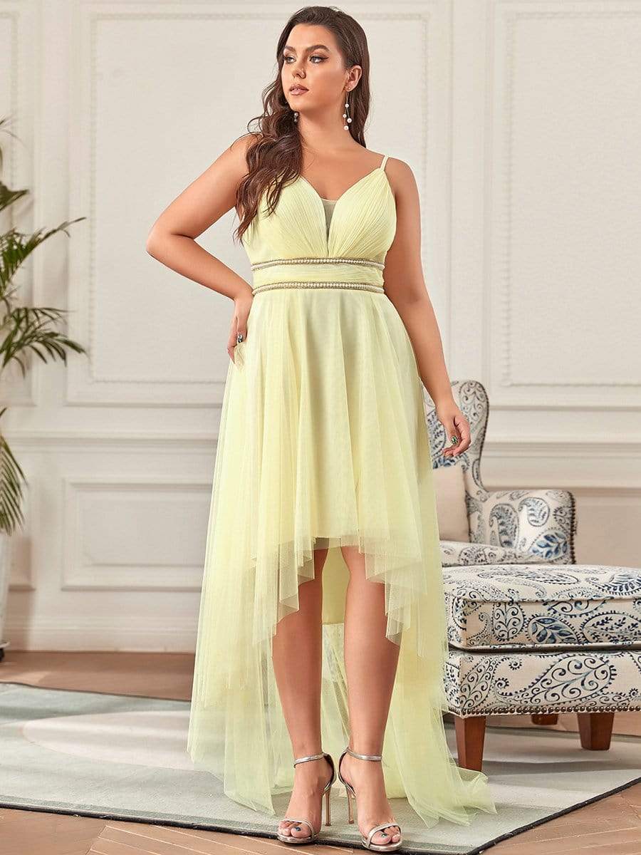 Robe de bal élégante Grande taille en tulle avec ceinture perlée #Couleur_Bleu Fume Robe de bal élégante Grande taille en tulle avec ceinture perlée