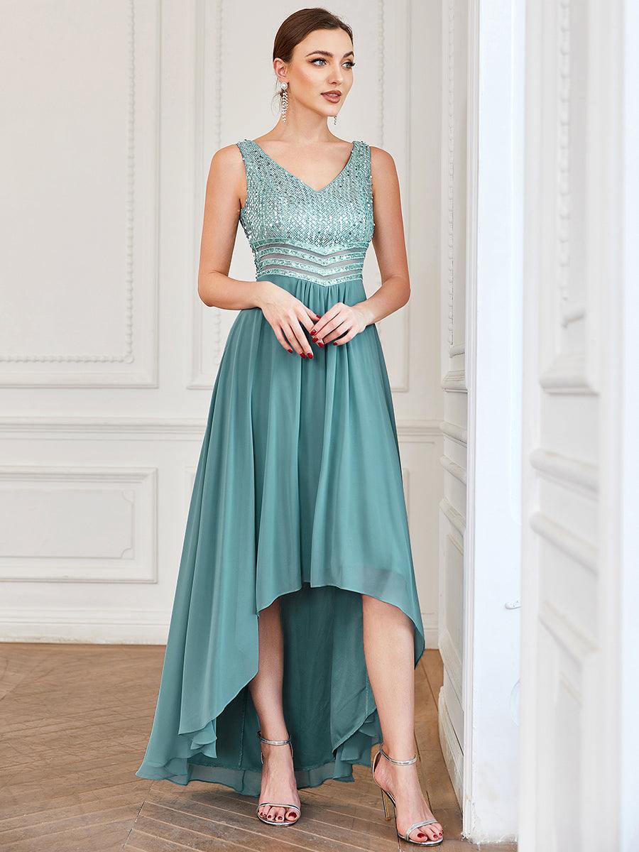 Robes de soirée sexy en mousseline de soie maxi haut-bas avec paillettes #Couleur_Bleu Fume