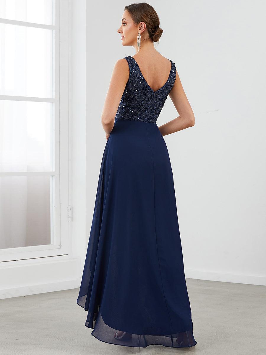 Robes de soirée sexy en mousseline de soie maxi haut-bas avec paillettes #Couleur_Bleu Marine