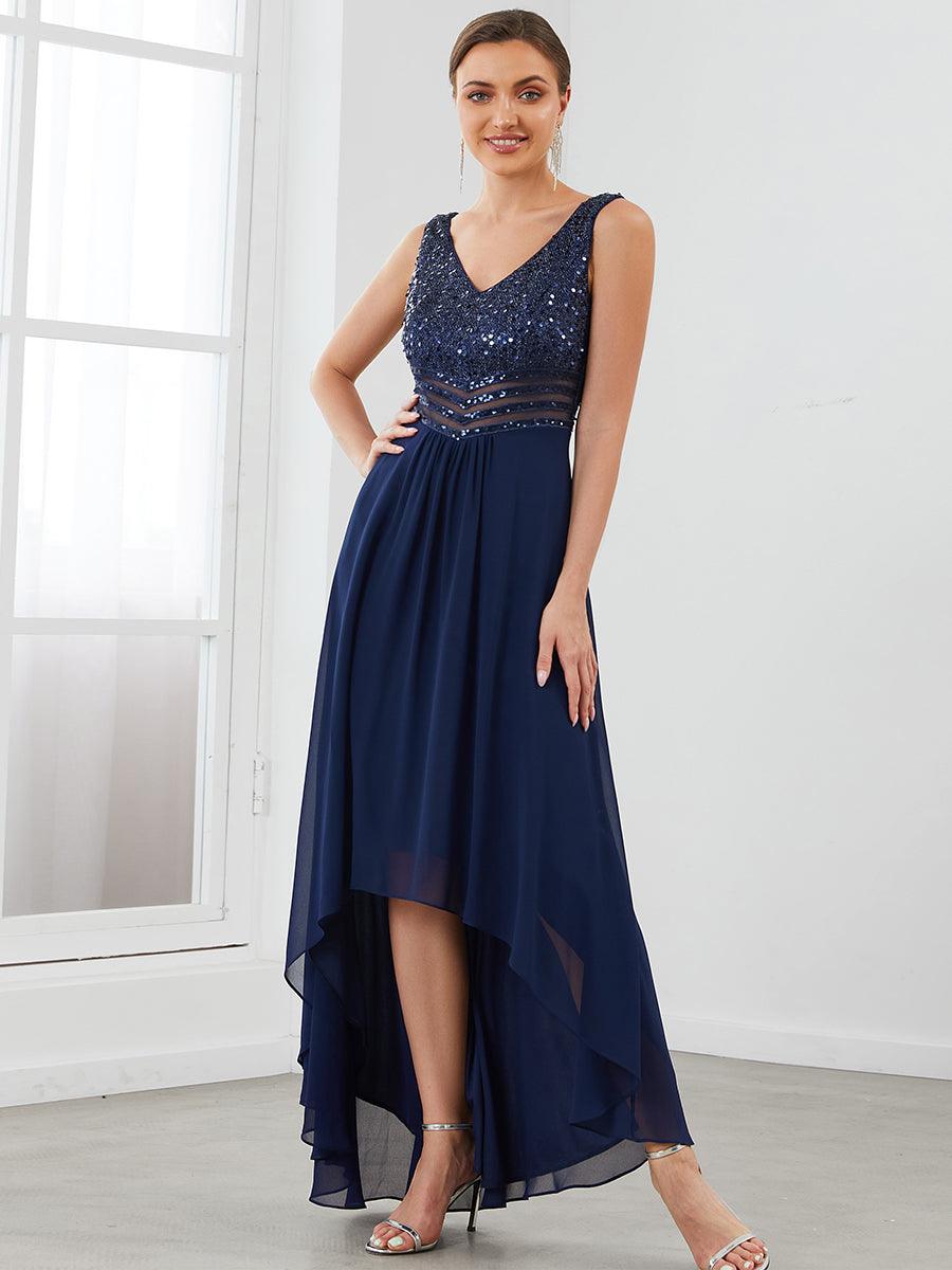 Robes de soirée sexy en mousseline de soie maxi haut-bas avec paillettes #Couleur_Bleu Marine