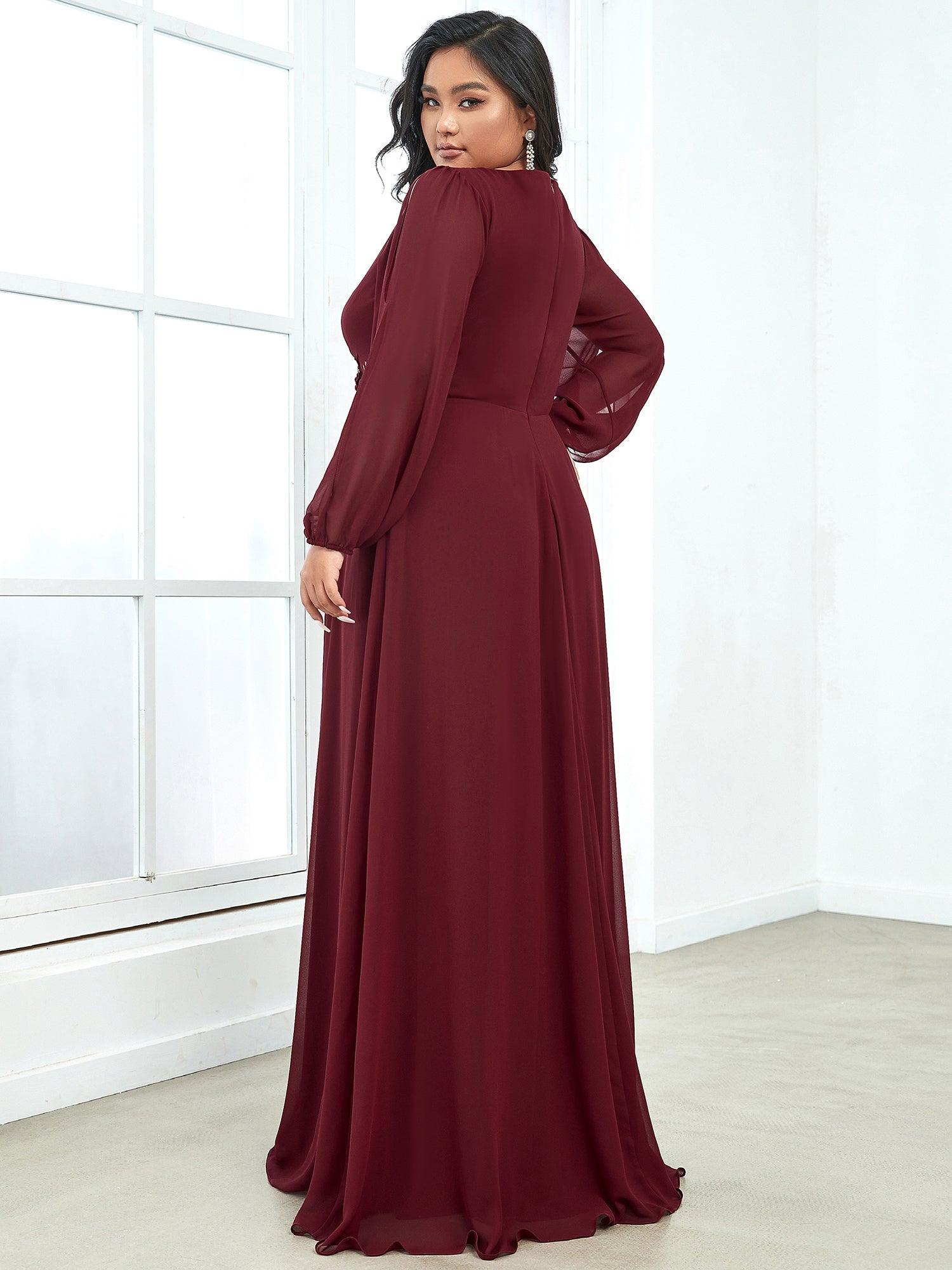 Robes de soirée élégantes en mousseline de soie grande taille avec manches longues en lanterne #Couleur_Bordeaux