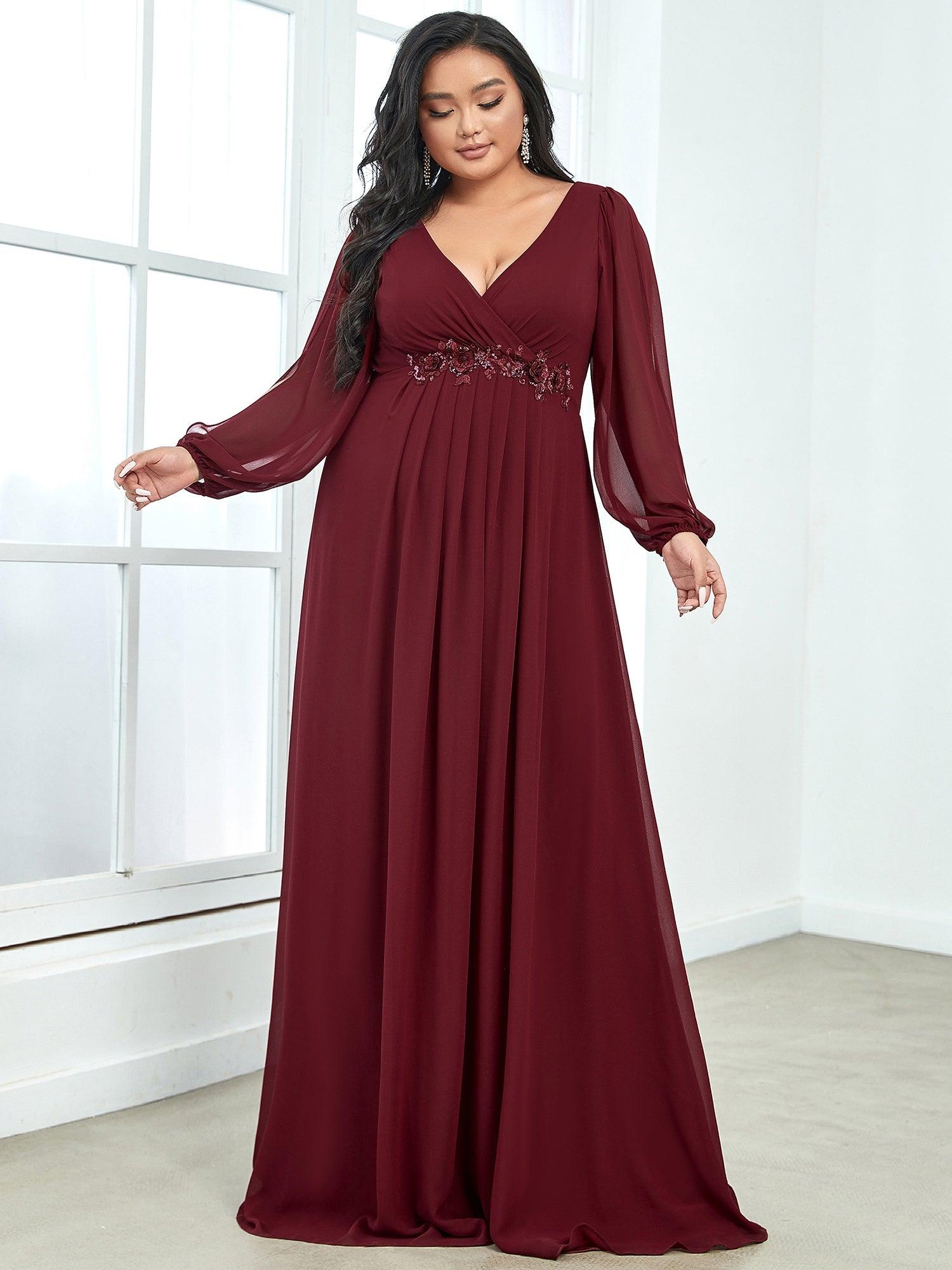 Robes de soirée élégantes en mousseline de soie grande taille avec manches longues en lanterne #Couleur_Bordeaux