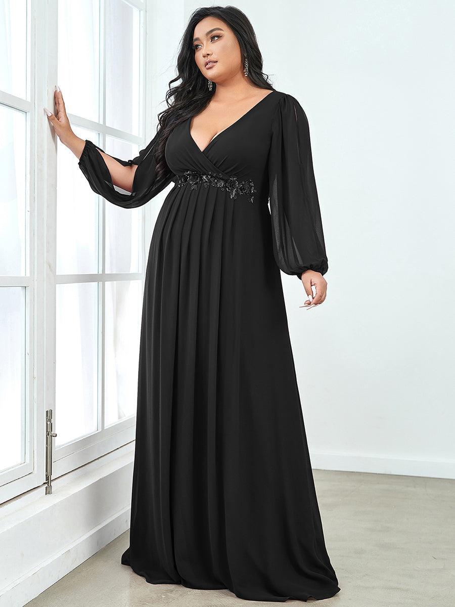 Taille personnalisée Robe de Soiree Longue Elegante Avec Lanterne en V Profond #Couleur_Noir