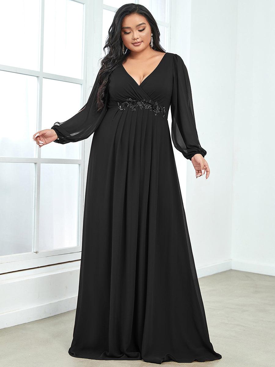 Robes de soirée élégantes en mousseline de soie grande taille avec manches longues en lanterne #Couleur_Noir