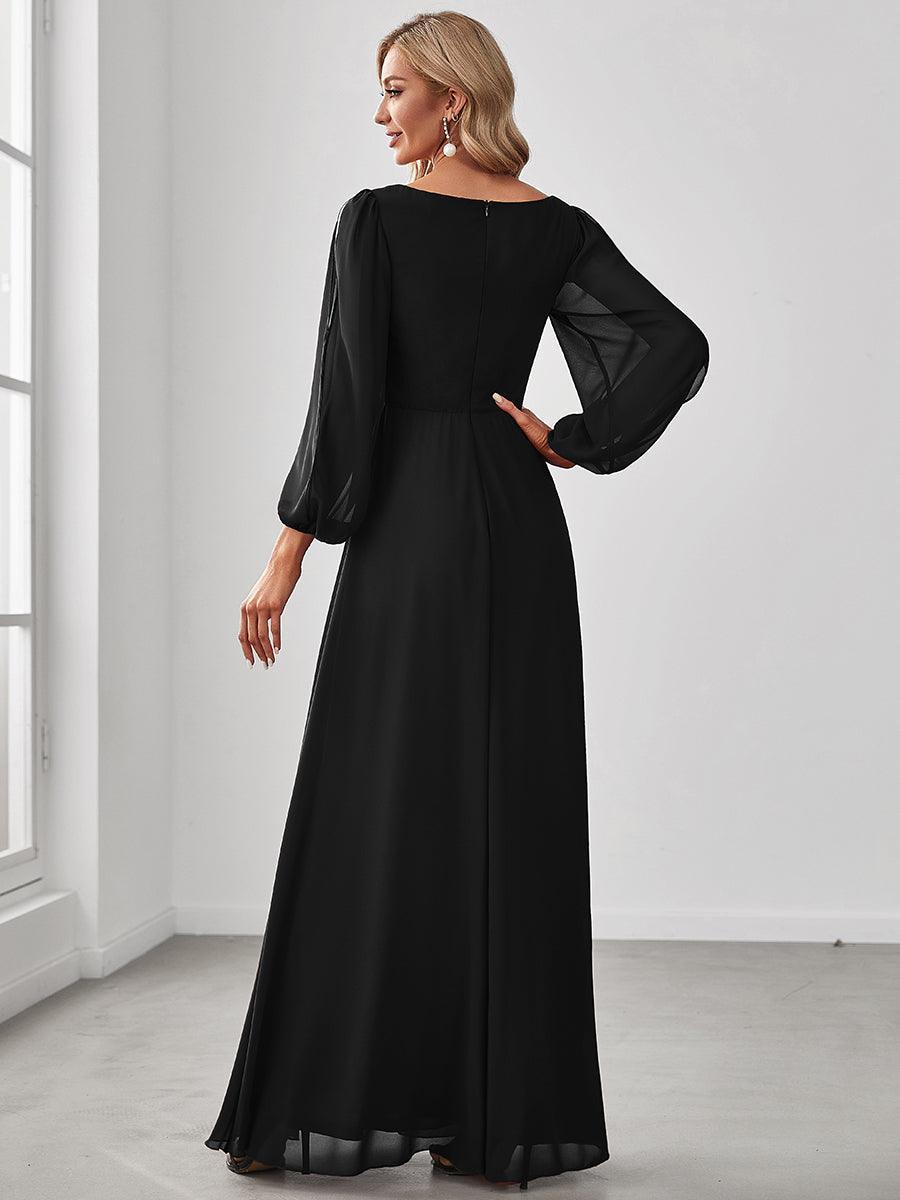 Taille personnalisée Robe de Soiree Longue Elegante Avec Lanterne en V Profond #Couleur_Noir