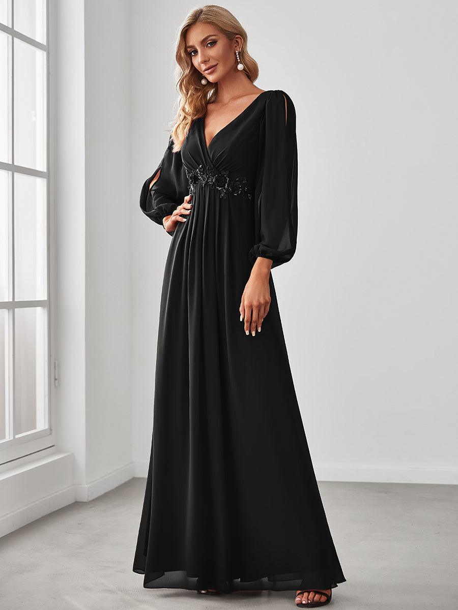 Taille personnalisée Robe de Soiree Longue Elegante Avec Lanterne en V Profond #Couleur_Noir