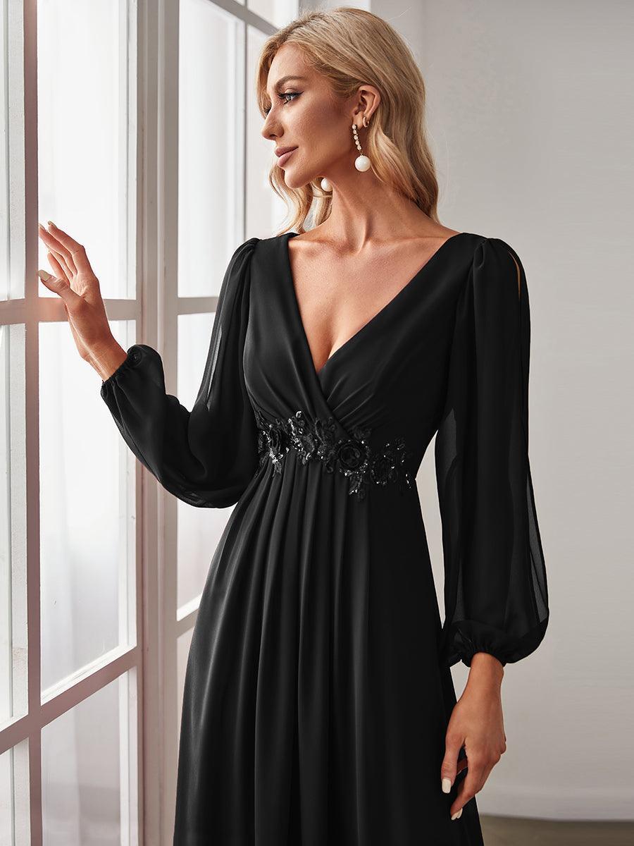 Taille personnalisée Robe de Soiree Longue Elegante Avec Lanterne en V Profond #Couleur_Noir