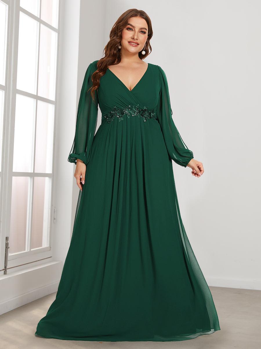 Robes de soirée élégantes en mousseline de soie grande taille avec manches longues en lanterne #Couleur_Vert Fonce