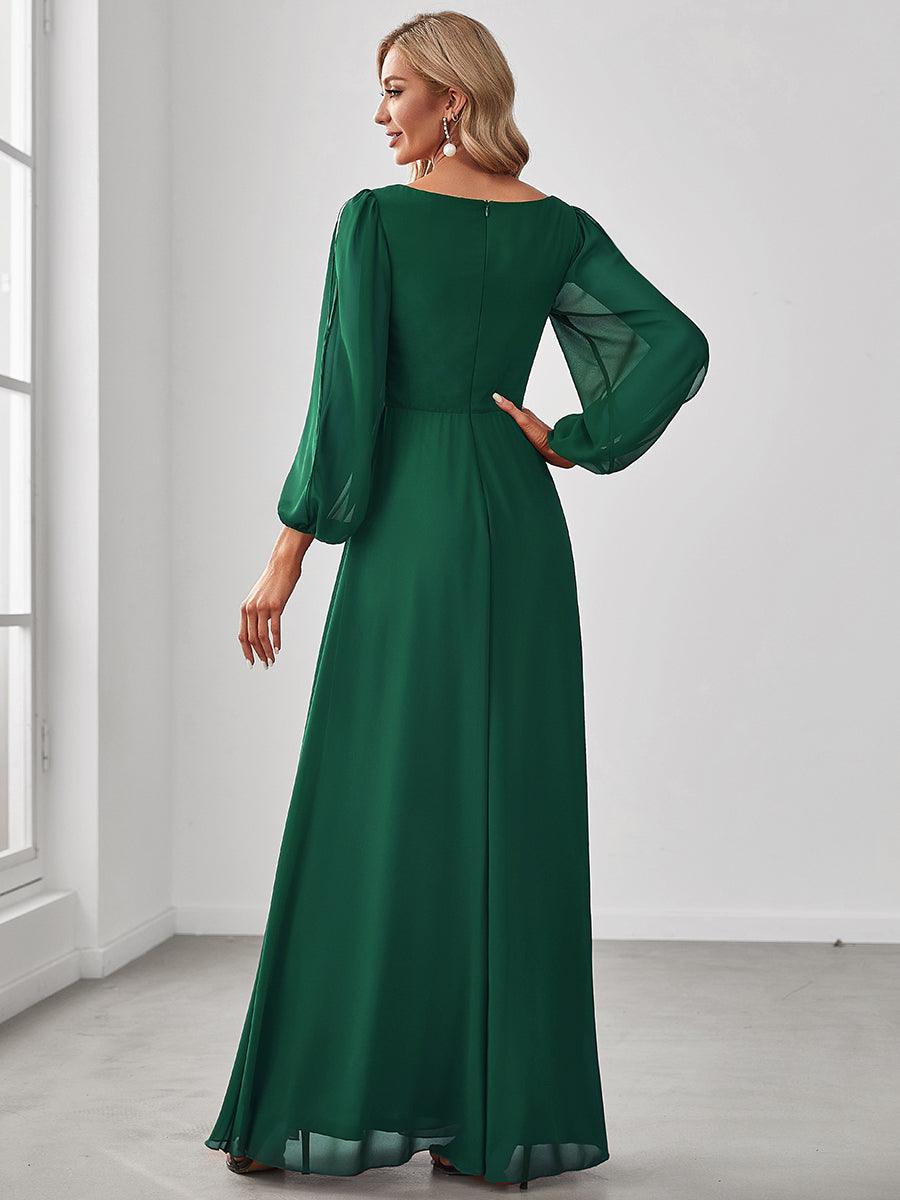 Robe Mère De La Mariée moderne Longue Elegante Avec Lanterne en V Profond #Couleur_Vert Fonce