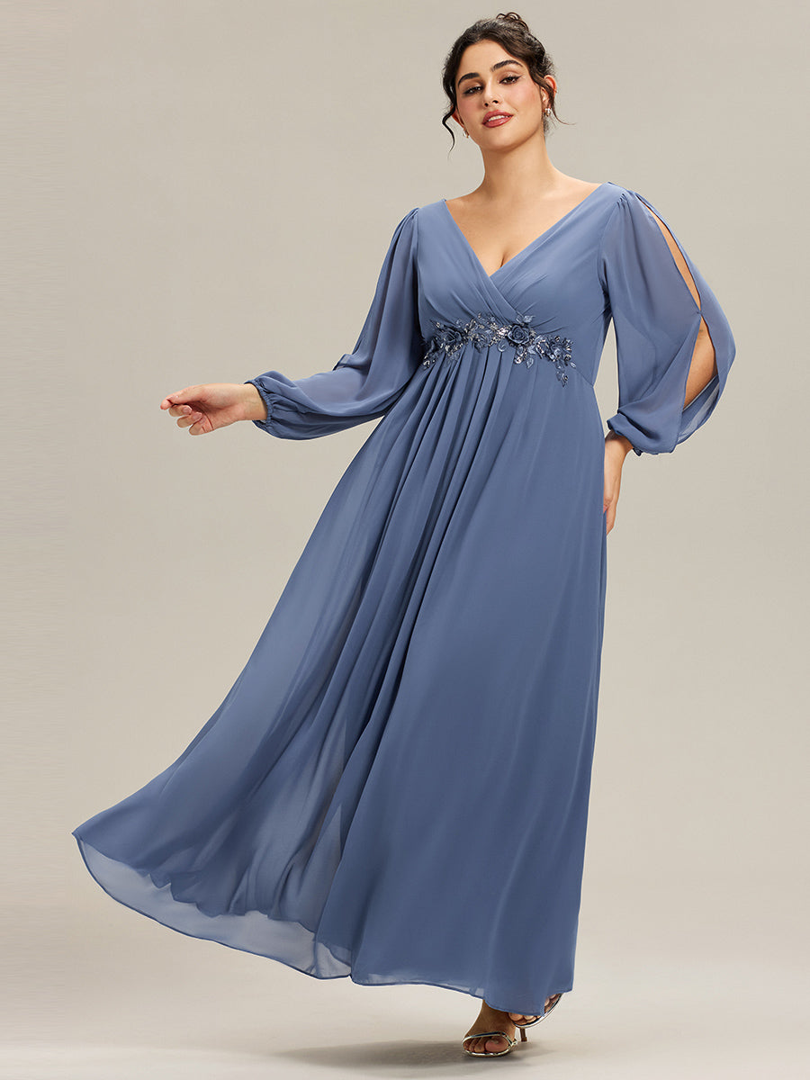 Robes de soirée élégantes en mousseline de soie grande taille avec manches longues en lanterne #Couleur_Marine Fume