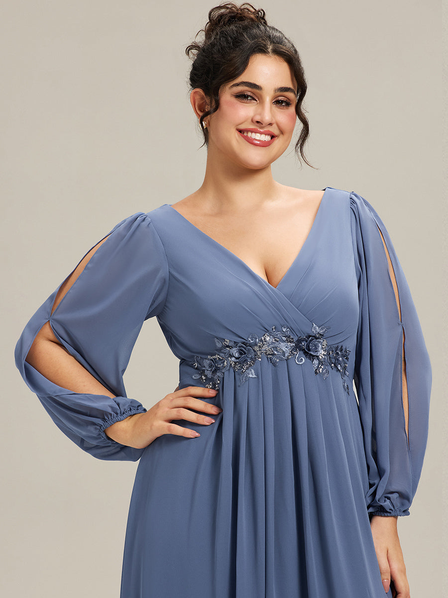 Robes de soirée élégantes en mousseline de soie grande taille avec manches longues en lanterne #Couleur_Marine Fume