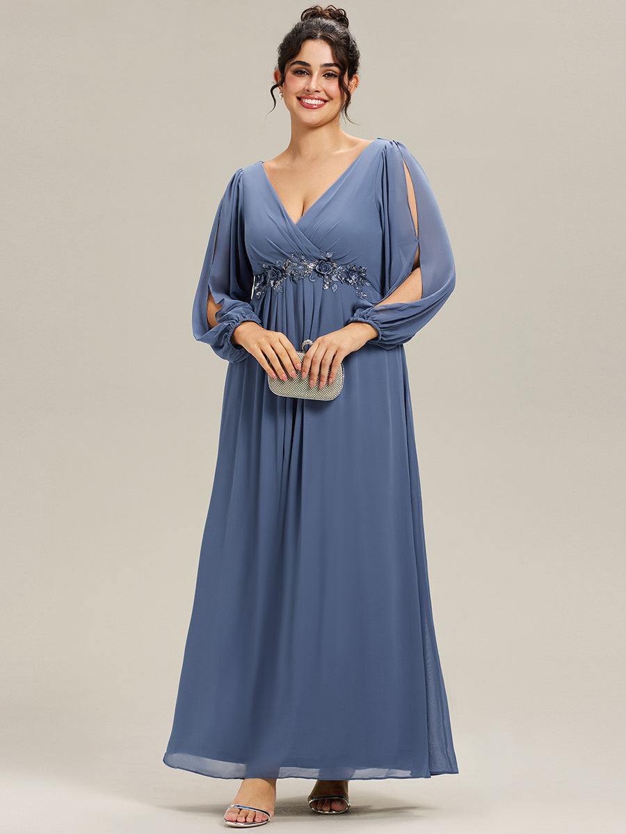 Robes de soirée élégantes en mousseline de soie grande taille avec manches longues en lanterne #Couleur_Marine Fume