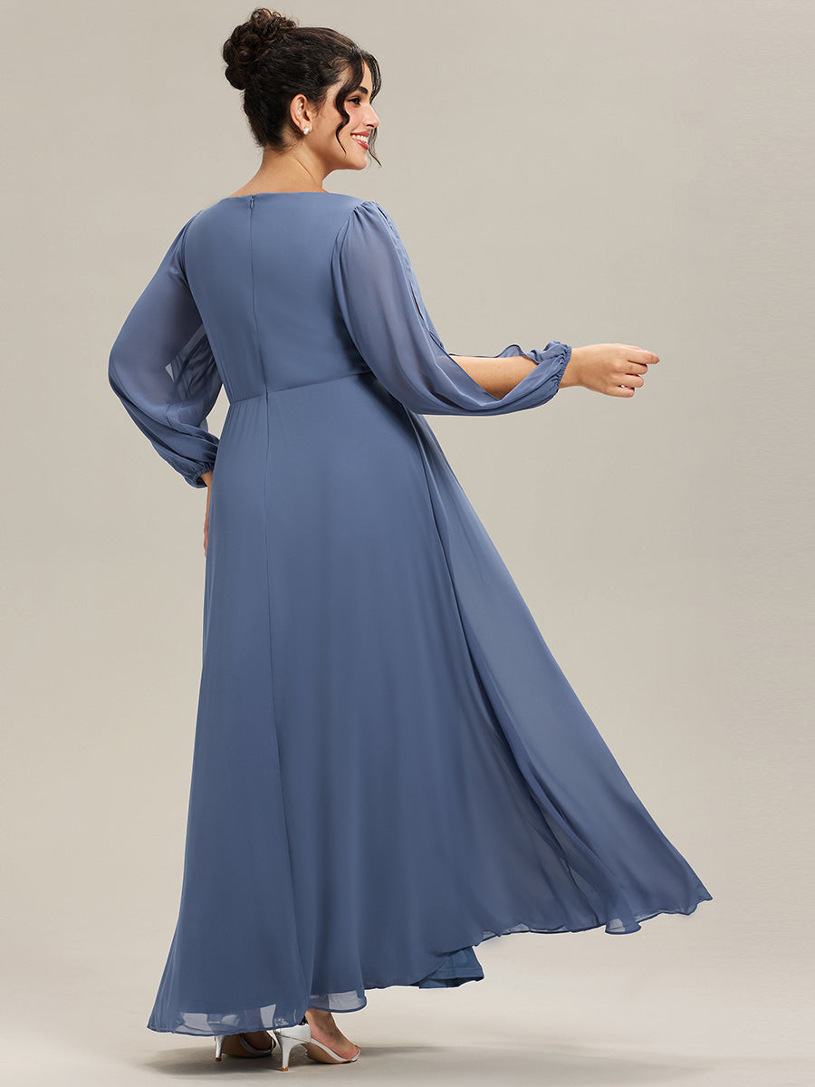 Robes de soirée élégantes en mousseline de soie grande taille avec manches longues en lanterne #Couleur_Marine Fume